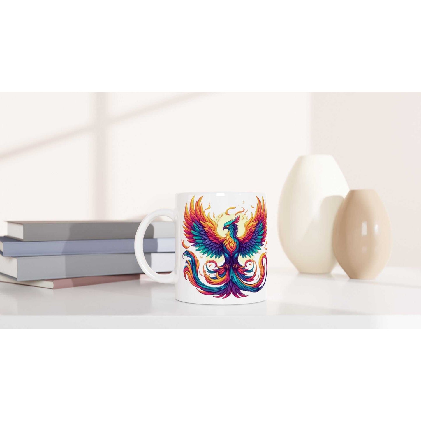 Phoenix 11oz Ceramic Mug with colorful design, glossy white finish, dishwasher and microwave safe.