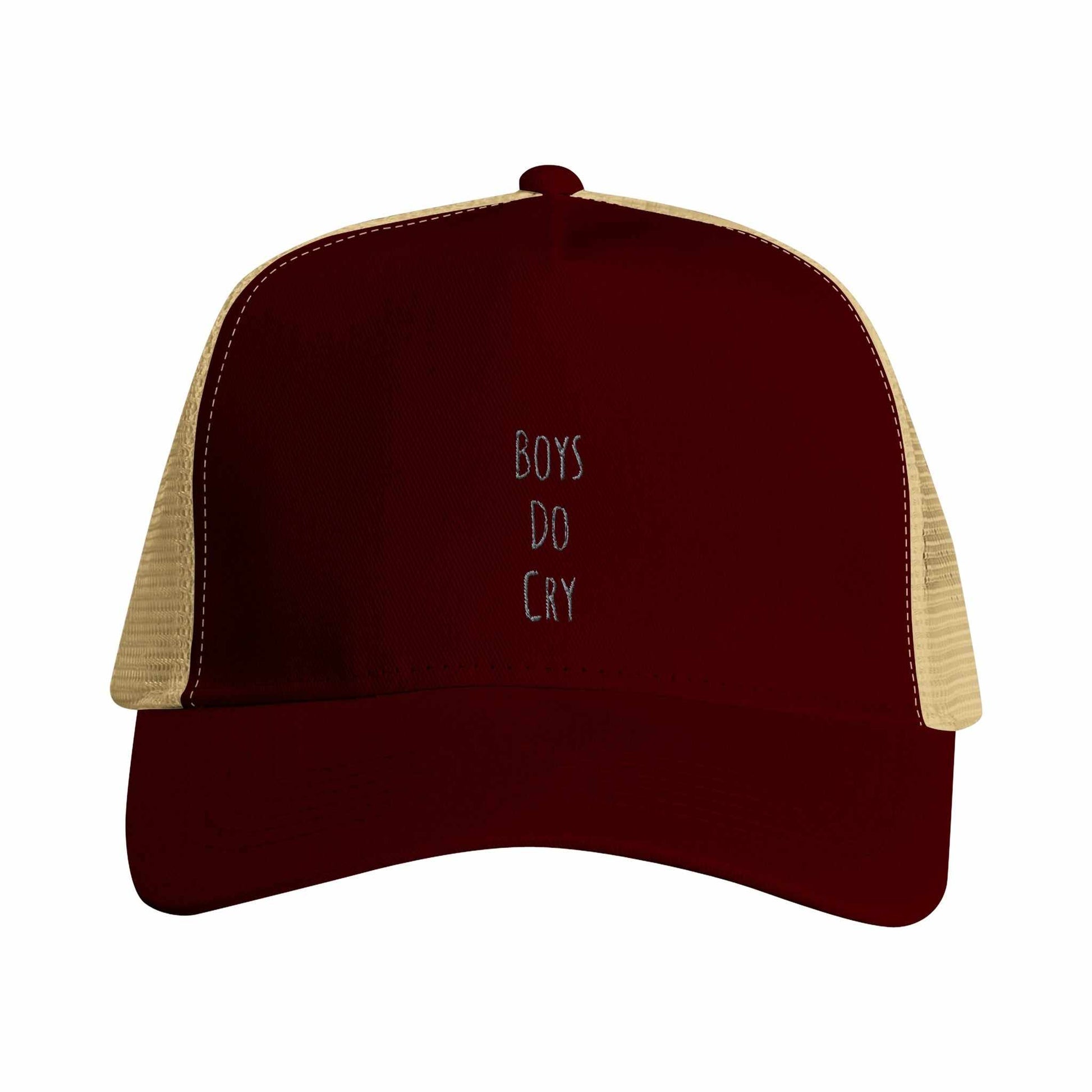 Boys Do Cry embroidered snapback trucker cap with breathable mesh panels.