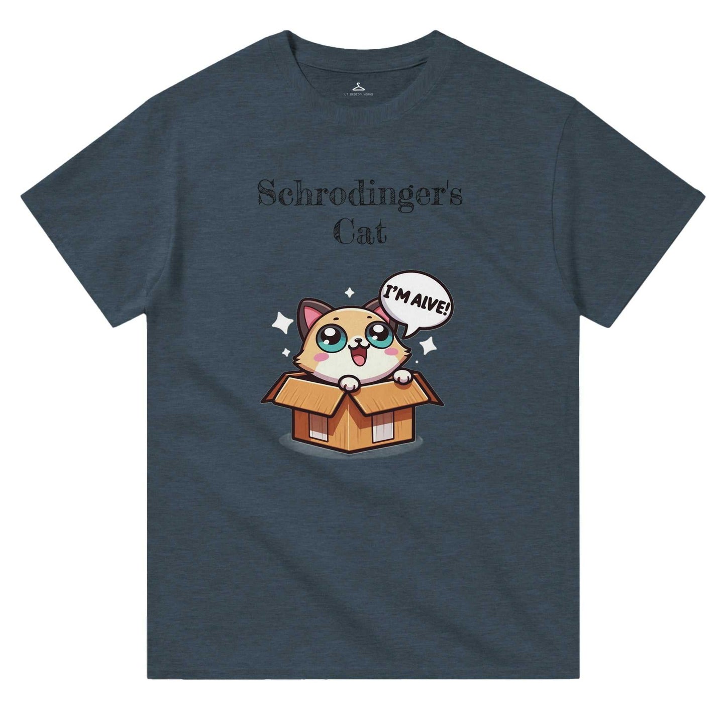 Schrodinger's Cat Crewneck T-shirt with cartoon cat design in a box.