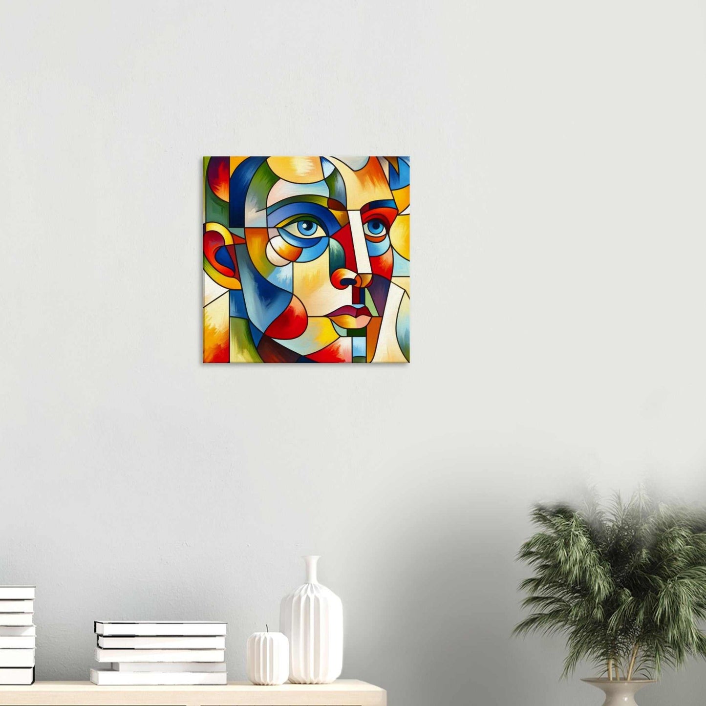 Colorful abstract face canvas print on wall, featuring vibrant geometric shapes in a modern home setting.