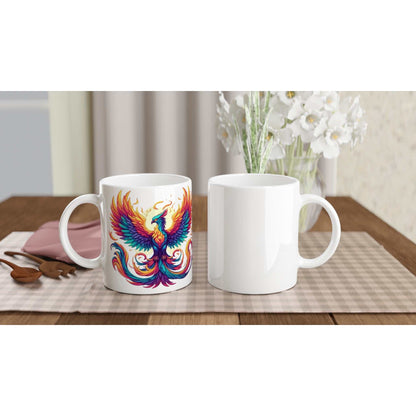 Phoenix 11oz Ceramic Mug with colorful phoenix design, glossy white finish, colored rim, handle, and inside, ideal for hot beverages.