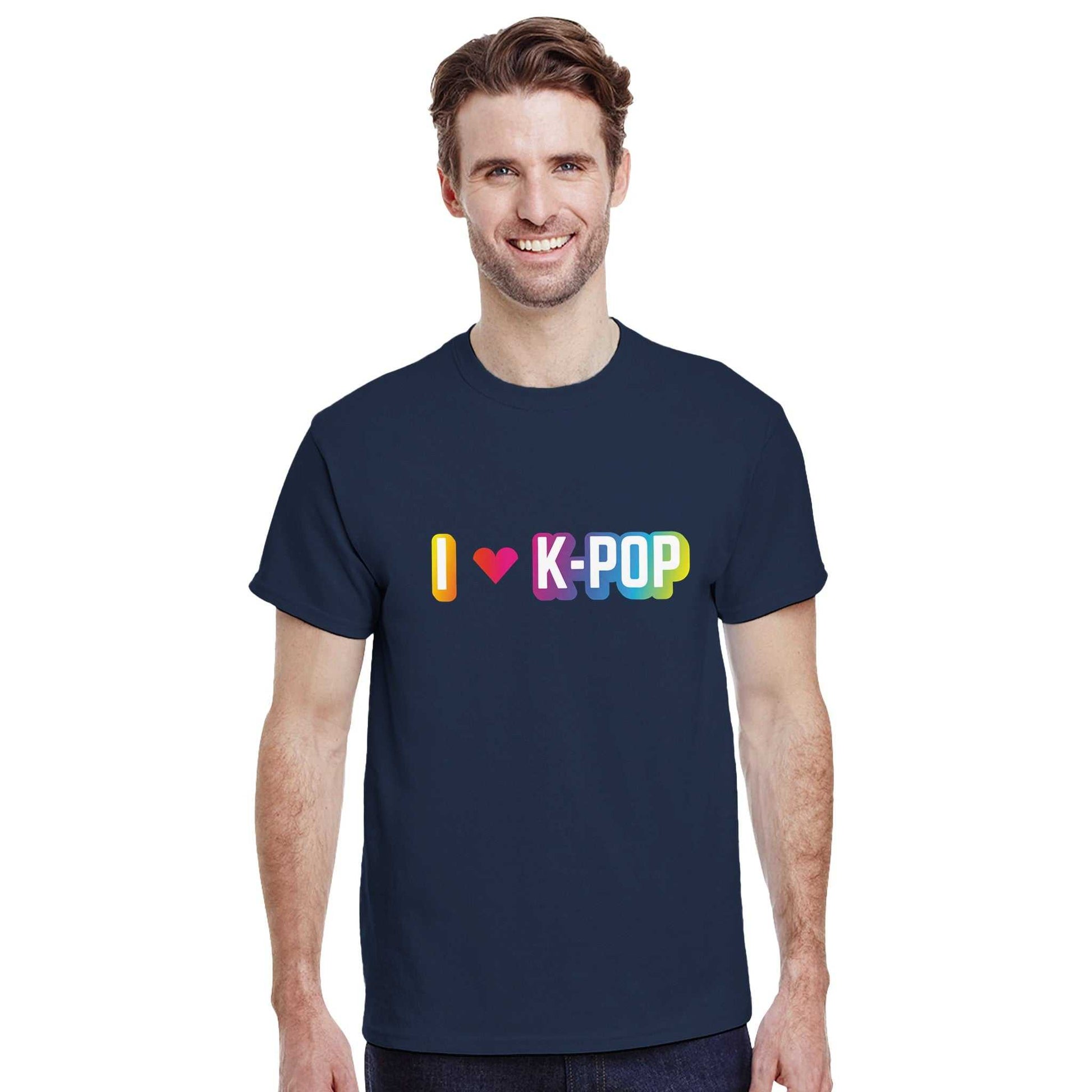 Men's "I Love Kpop" crewneck t-shirt in navy, 100% cotton, classic fit.