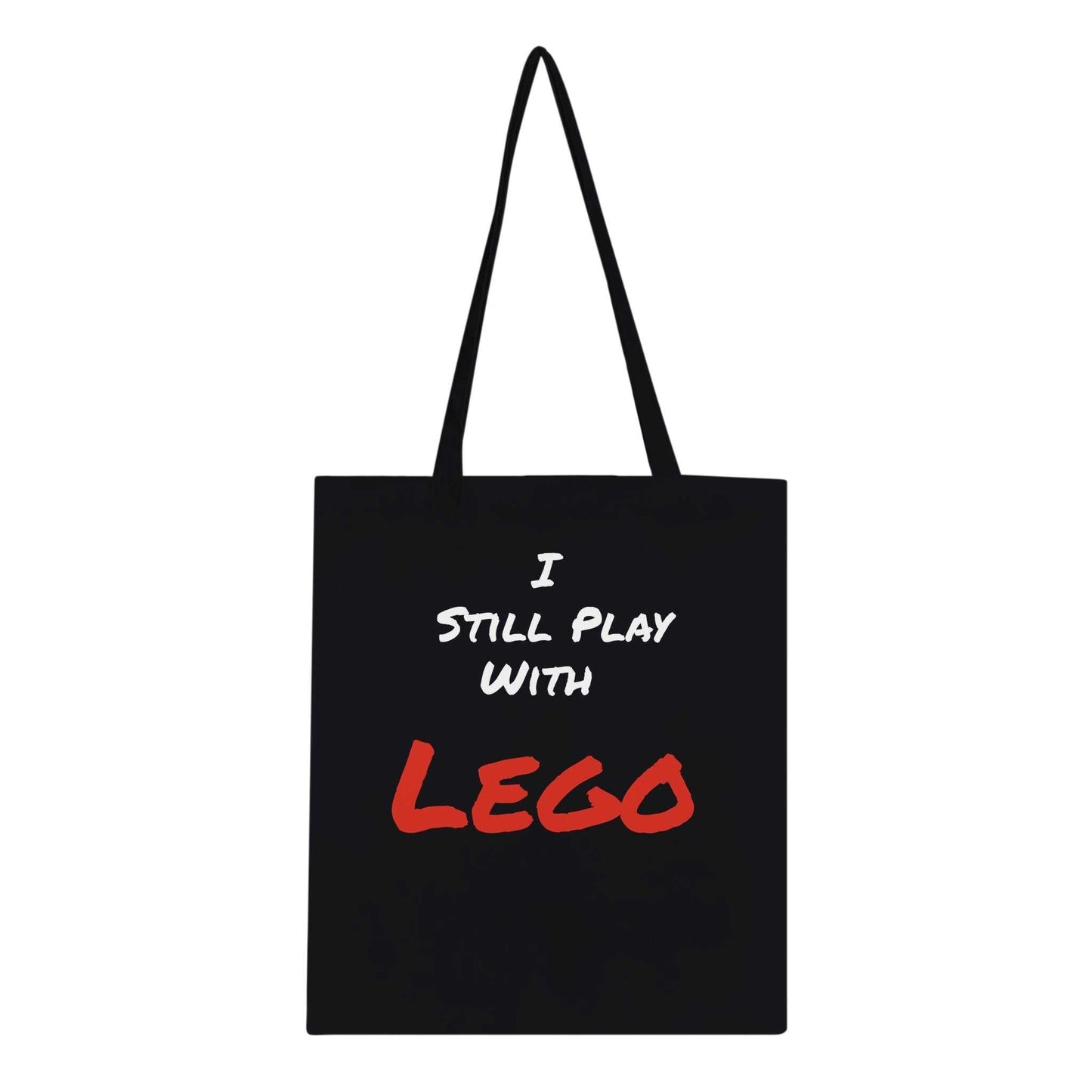 Lego Classic Tote Bag with "I Still Play With Lego" graphic, 100% cotton, eco-friendly, durable design.