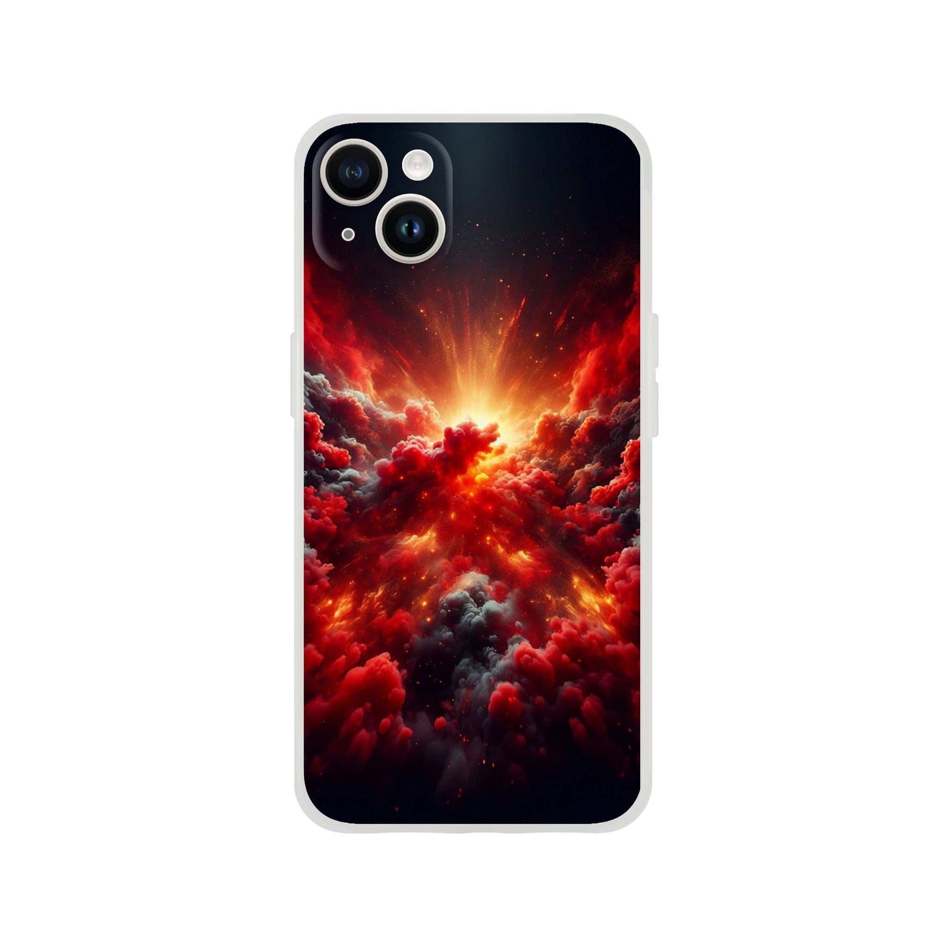 Red Clouds iPhone Flexi case with red and black cloud design, impact-resistant and wireless charging compatible.