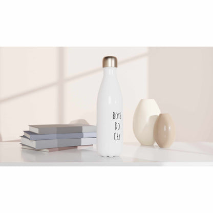 White 17oz stainless steel water bottle with "Boys Do Cry" text, featuring a sleek design and leak-proof cap.