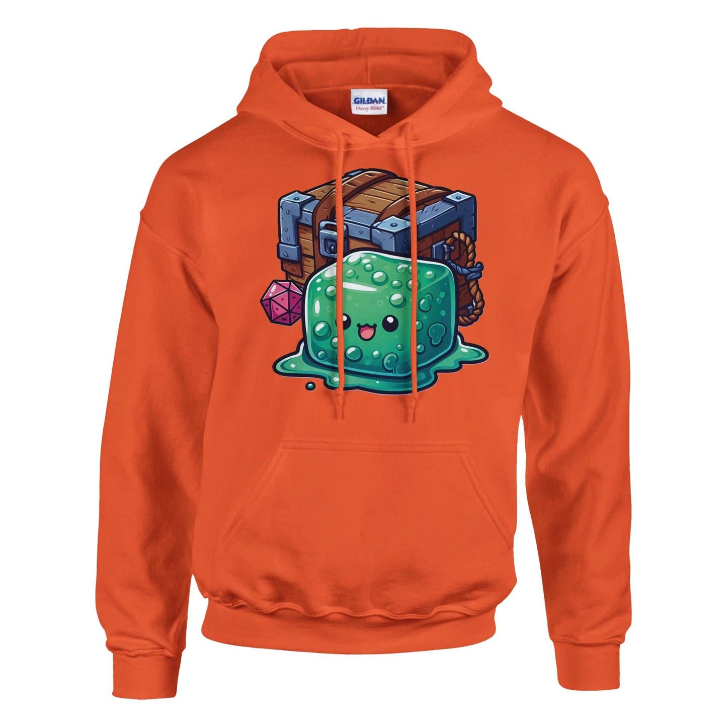 Orange men's pullover hoodie featuring a playful gelatinous cube and mimic design.