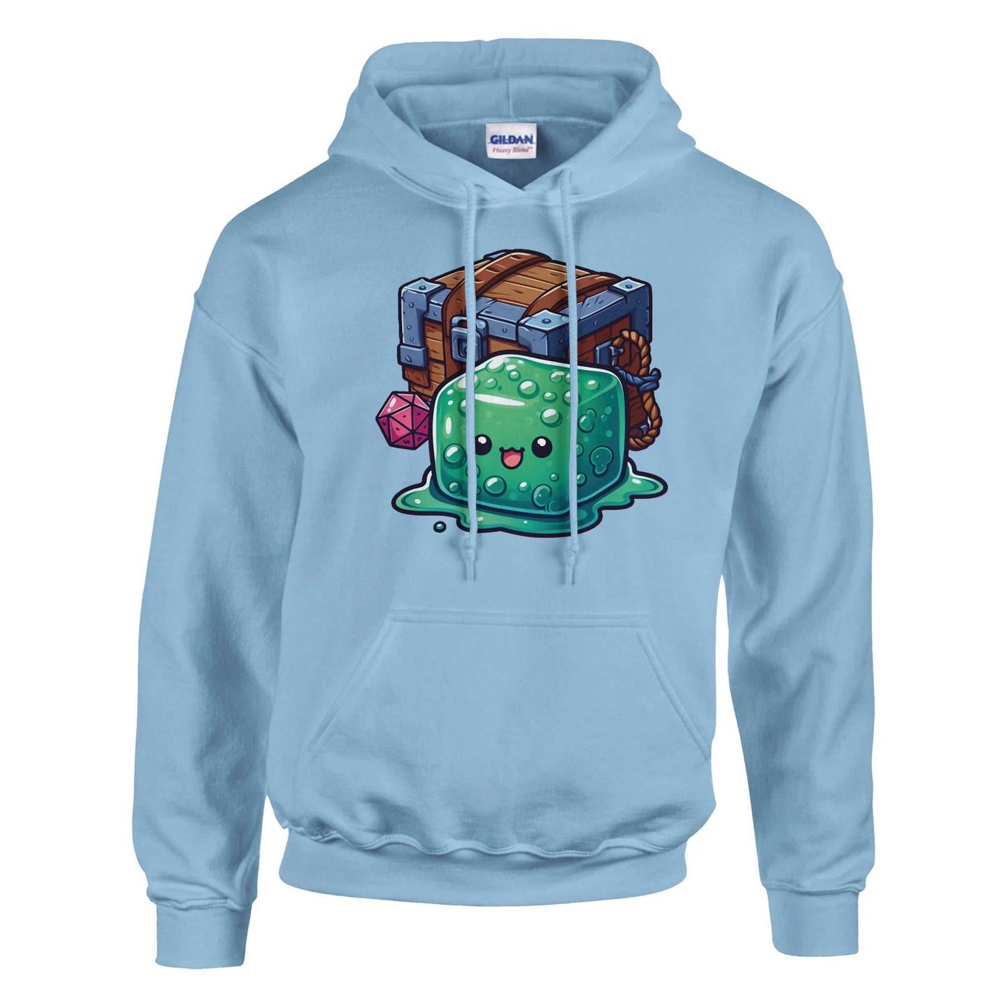 Gelatinous Cube and Mimic graphic women's pullover hoodie in light blue with soft cotton-polyester blend.