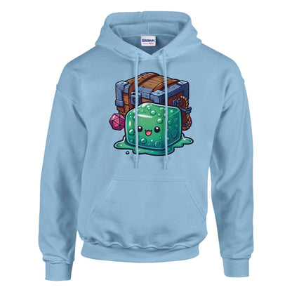 Gelatinous Cube and Mimic graphic women's pullover hoodie in light blue with soft cotton-polyester blend.