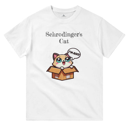 Schrodinger's Cat graphic crewneck t-shirt with classic fit and durable cotton fabric.