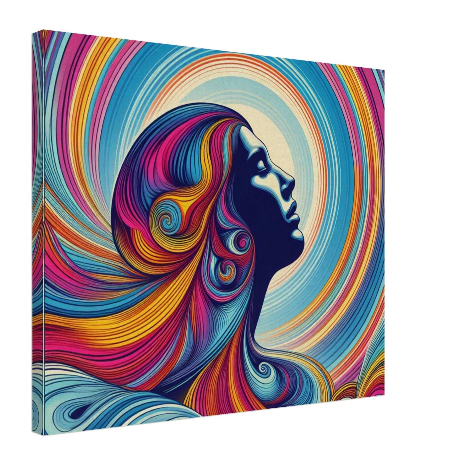 Colorful abstract portrait of a woman enjoying the sun, printed on a high-quality canvas with a textured finish.