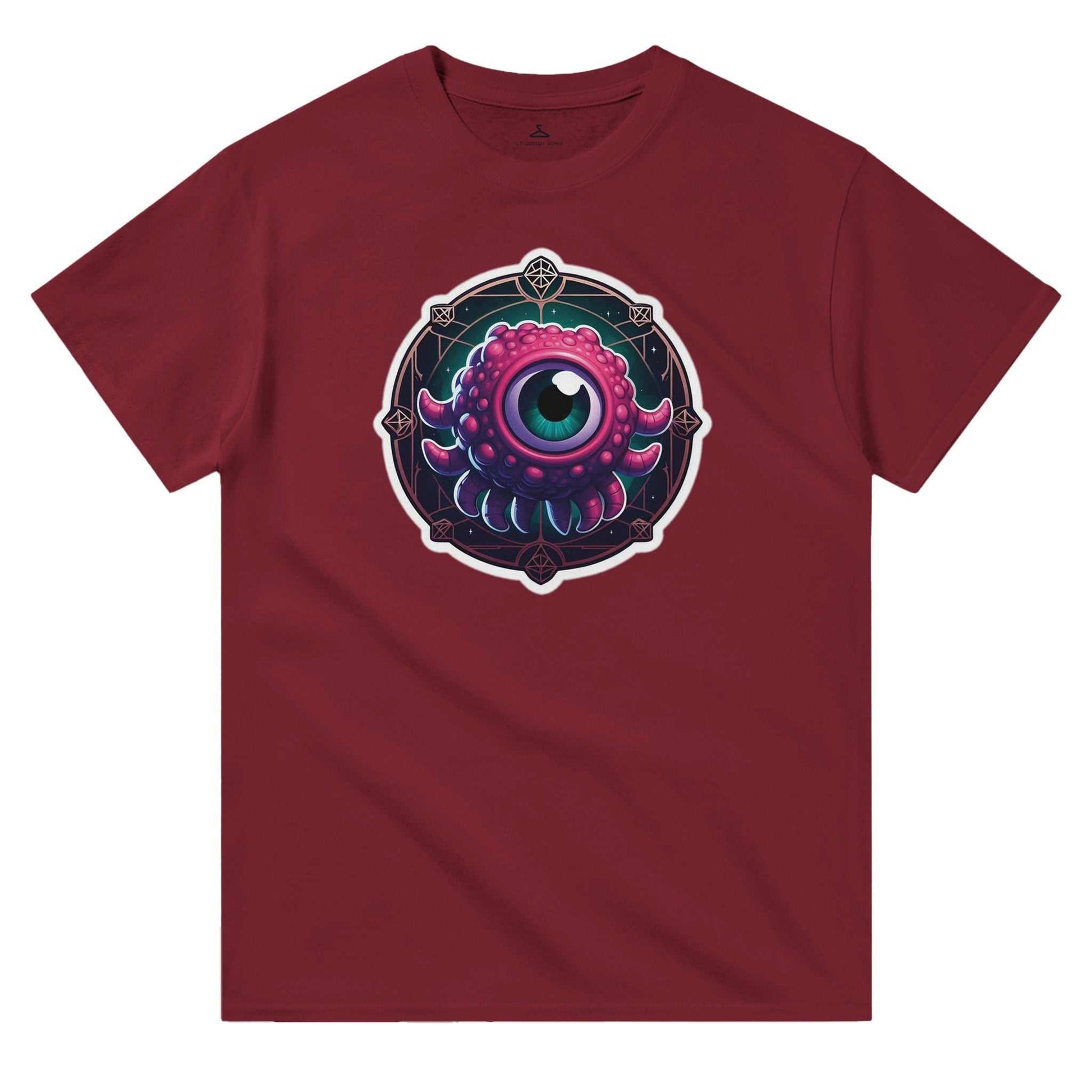 Beholder Men's Crewneck Tshirt in red with a unique eye design, heavyweight cotton, classic fit.