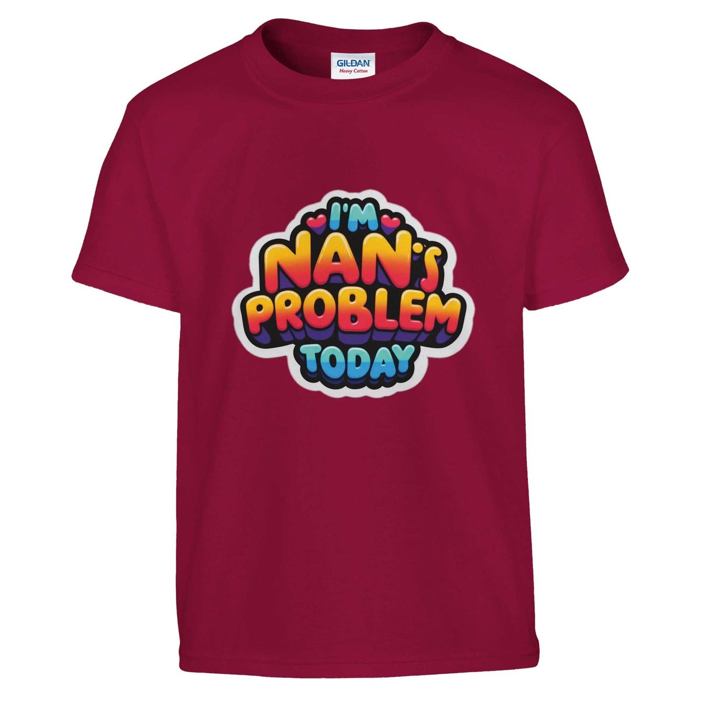 Kids crewneck T-shirt with "I'm Nan's Problem Today" print, unisex design, red color.