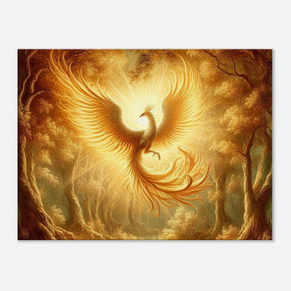 Phoenix Flight Canvas depicting a radiant phoenix soaring amidst golden trees.