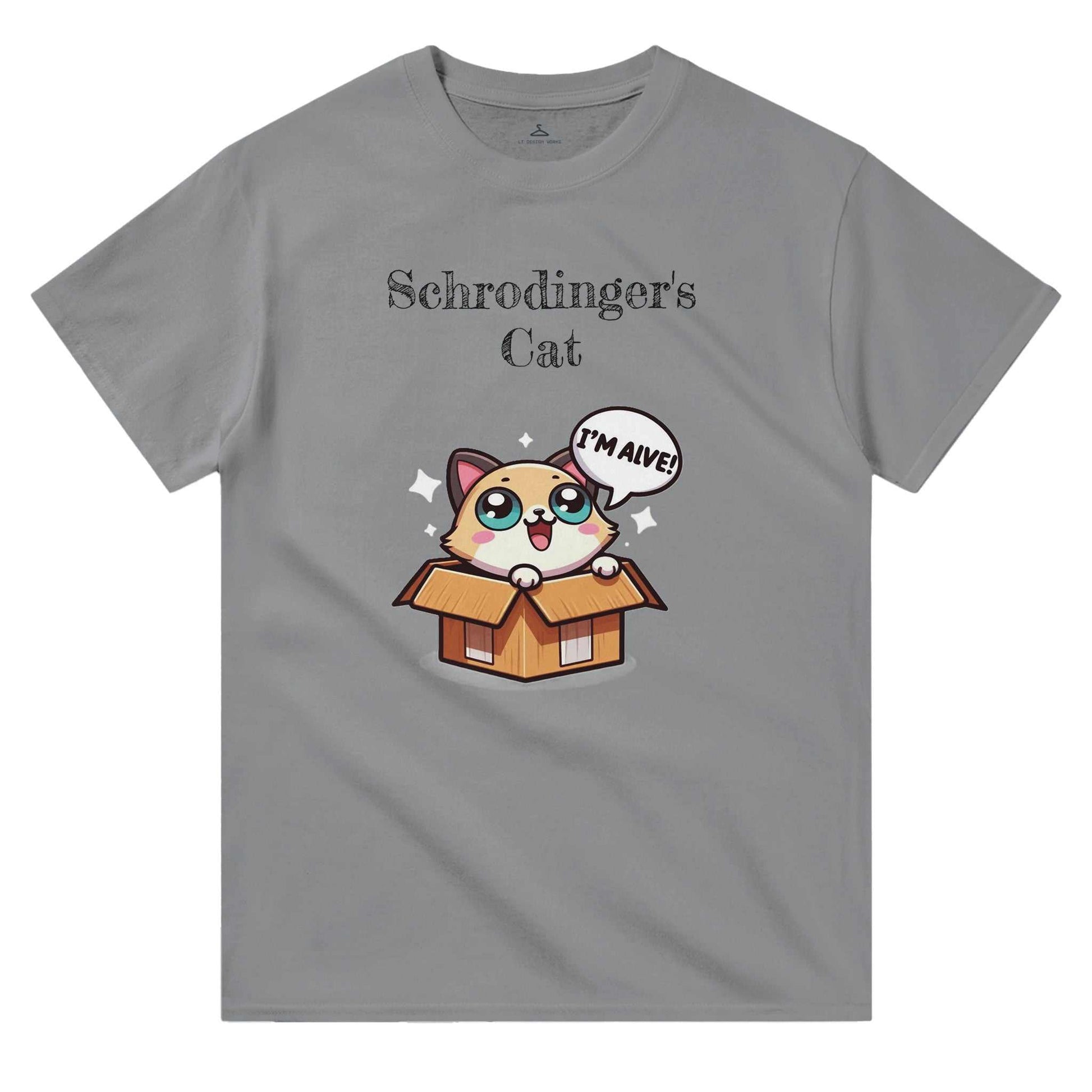 Schrodinger's Cat Crewneck T-shirt with humorous cat graphic in box, classic fit, 100% cotton.