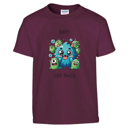 Monster kids crewneck T-shirt with "Daddy's Little Monster" design in purple.