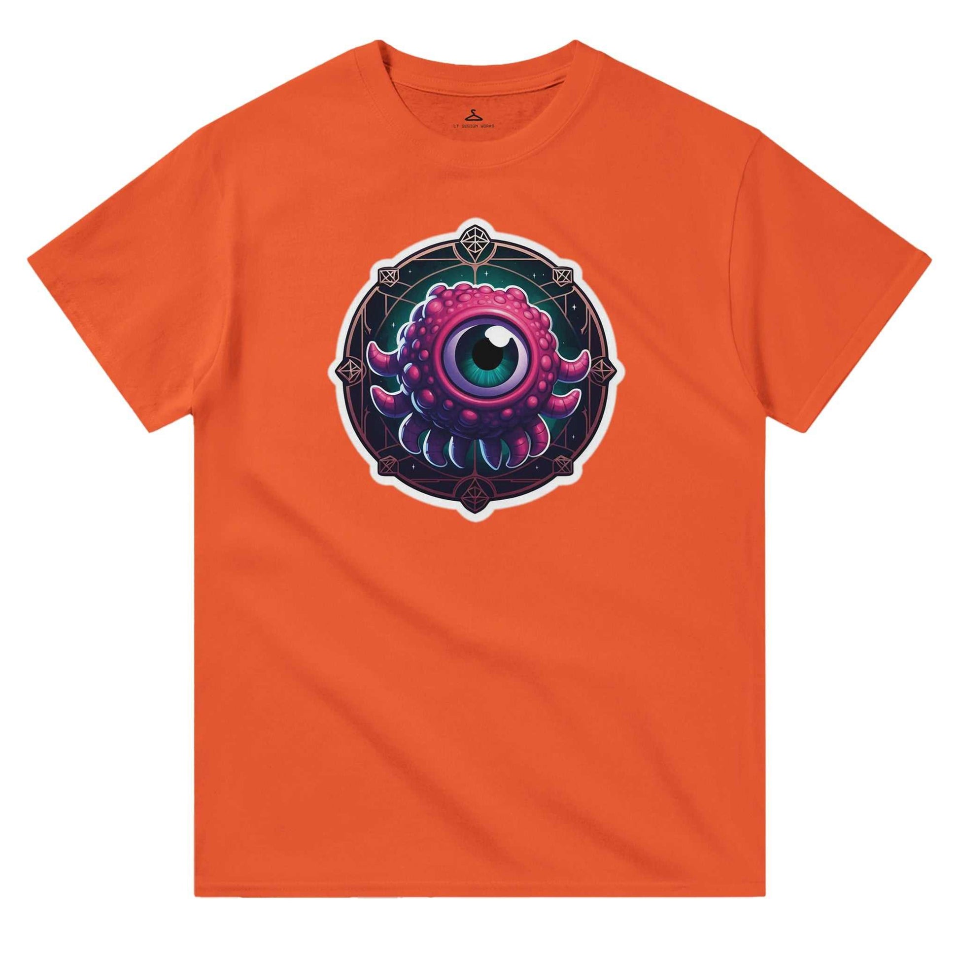 Beholder Men's Crewneck Tshirt in orange with a graphic design on the front, made from durable heavyweight cotton.