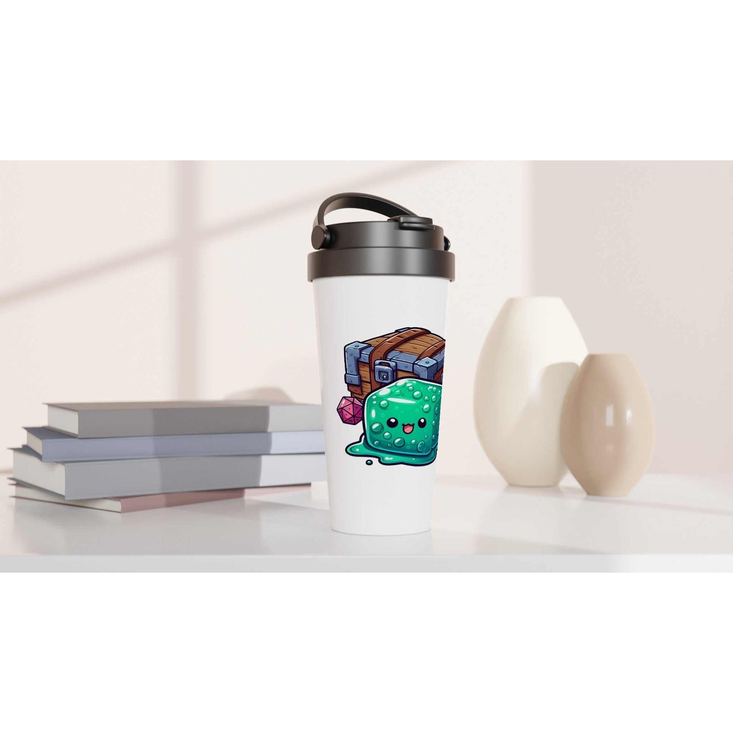 Mimic 15oz stainless steel travel mug with leak-proof design and cartoon art.