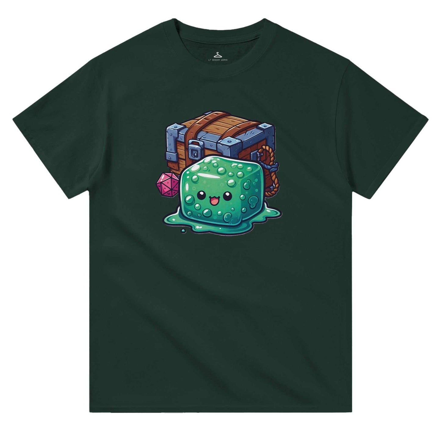 Gelatinous Cube and Mimic design on women's crewneck t-shirt, heavyweight cotton, classic fit.