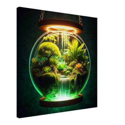 Canvas print featuring lush greenery and a waterfall under glass, embodying nature's beauty.