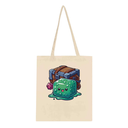 Mimic tote bag with gelatinous cube design, eco-friendly cotton, reinforced handles, 10-liter capacity.