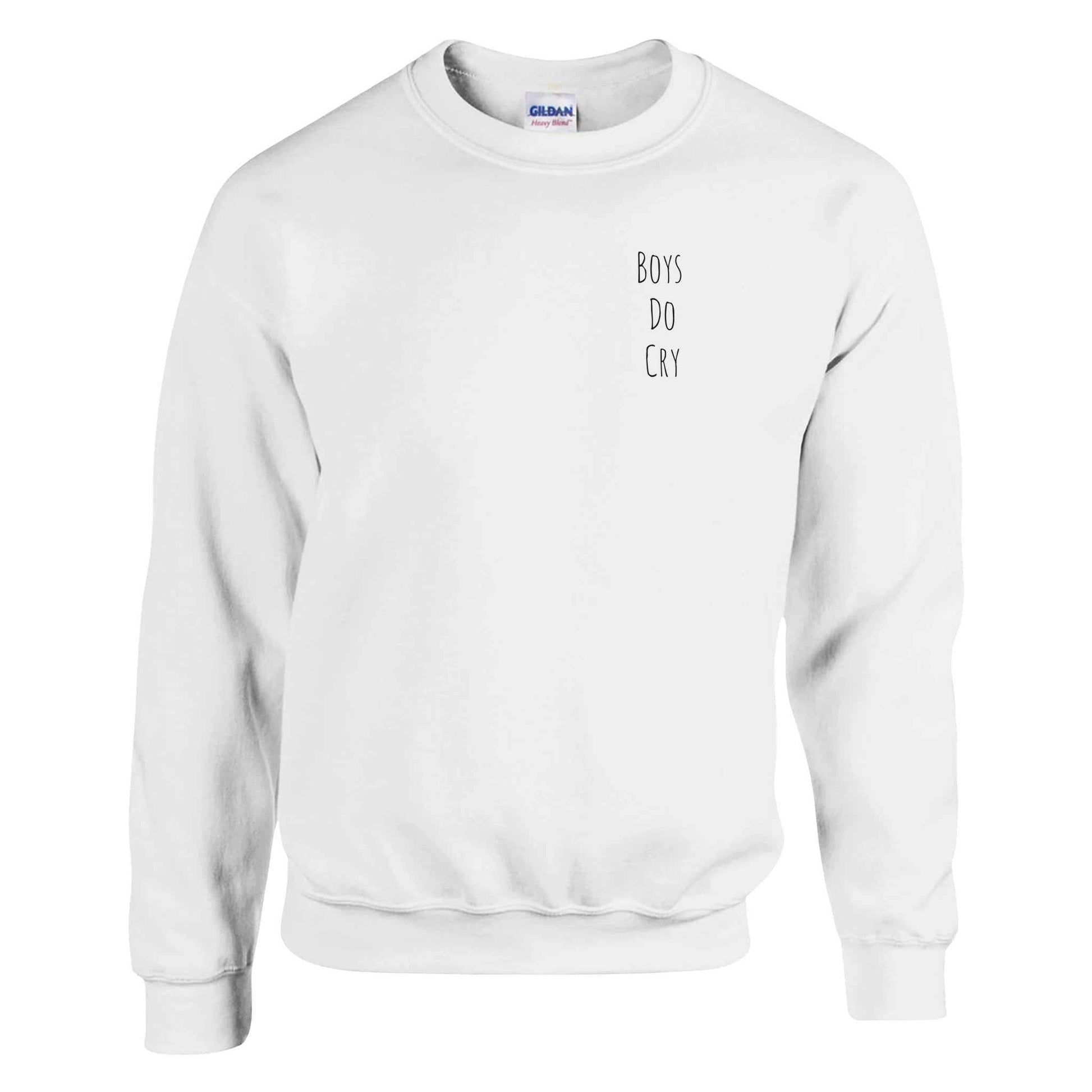 Boys Do Cry printed classic crewneck sweatshirt, white, soft cotton-polyester blend, double-needle stitching, ribbed cuffs, air jet yarn.