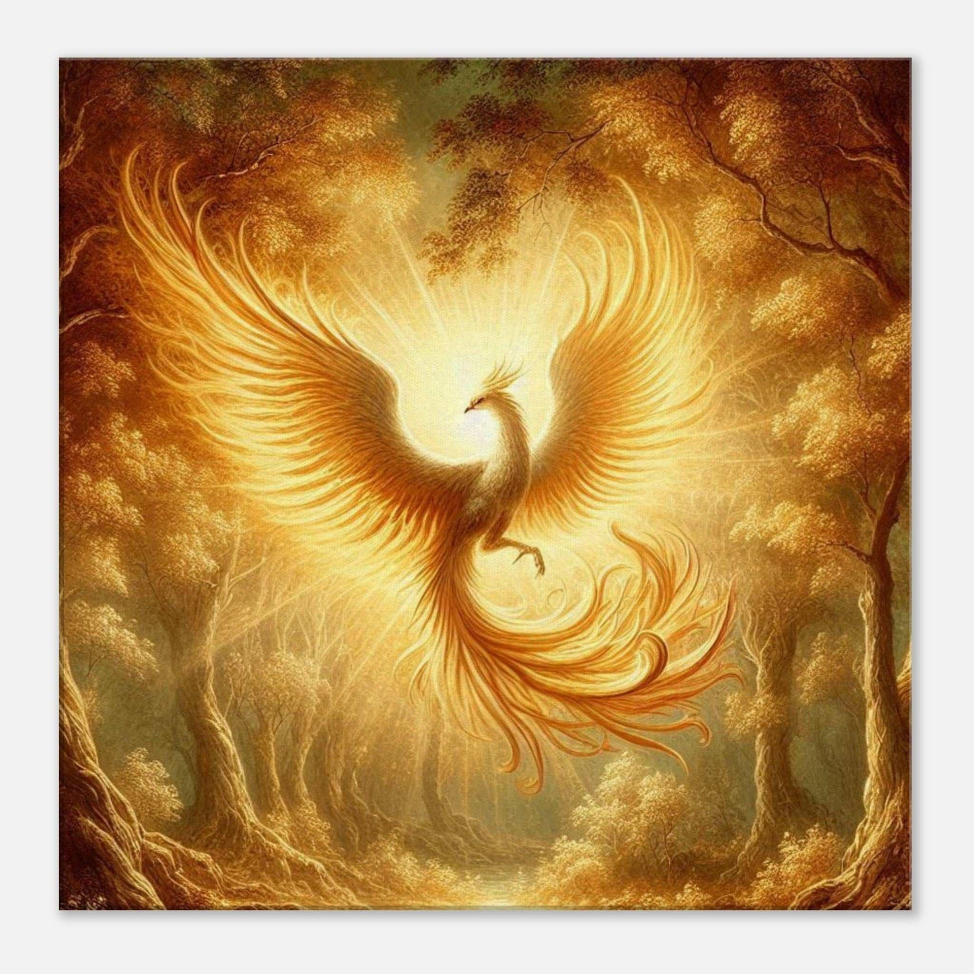 Phoenix flight canvas print depicting a phoenix ascending, with rich textures and elegant design.