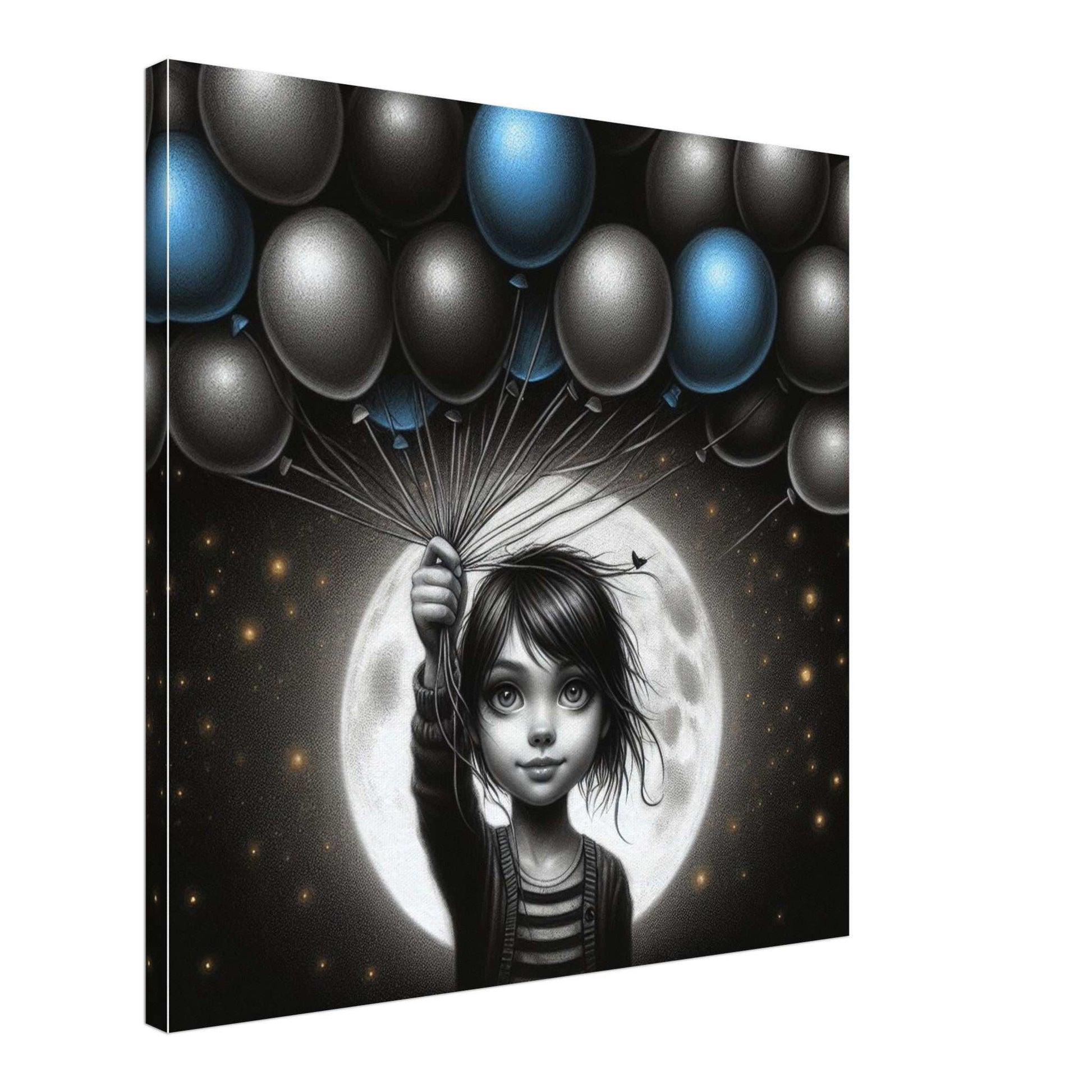 Canvas print featuring a child holding balloons against a moonlit background.