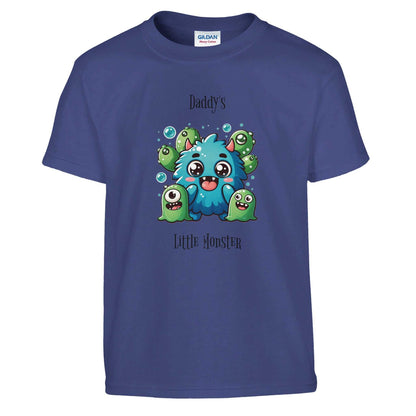 Blue kids crewneck T-shirt with cute monster graphic and "Daddy's Little Monster" text.