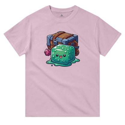 Gelatinous Cube and Mimic women's crewneck t-shirt in pink with playful design.