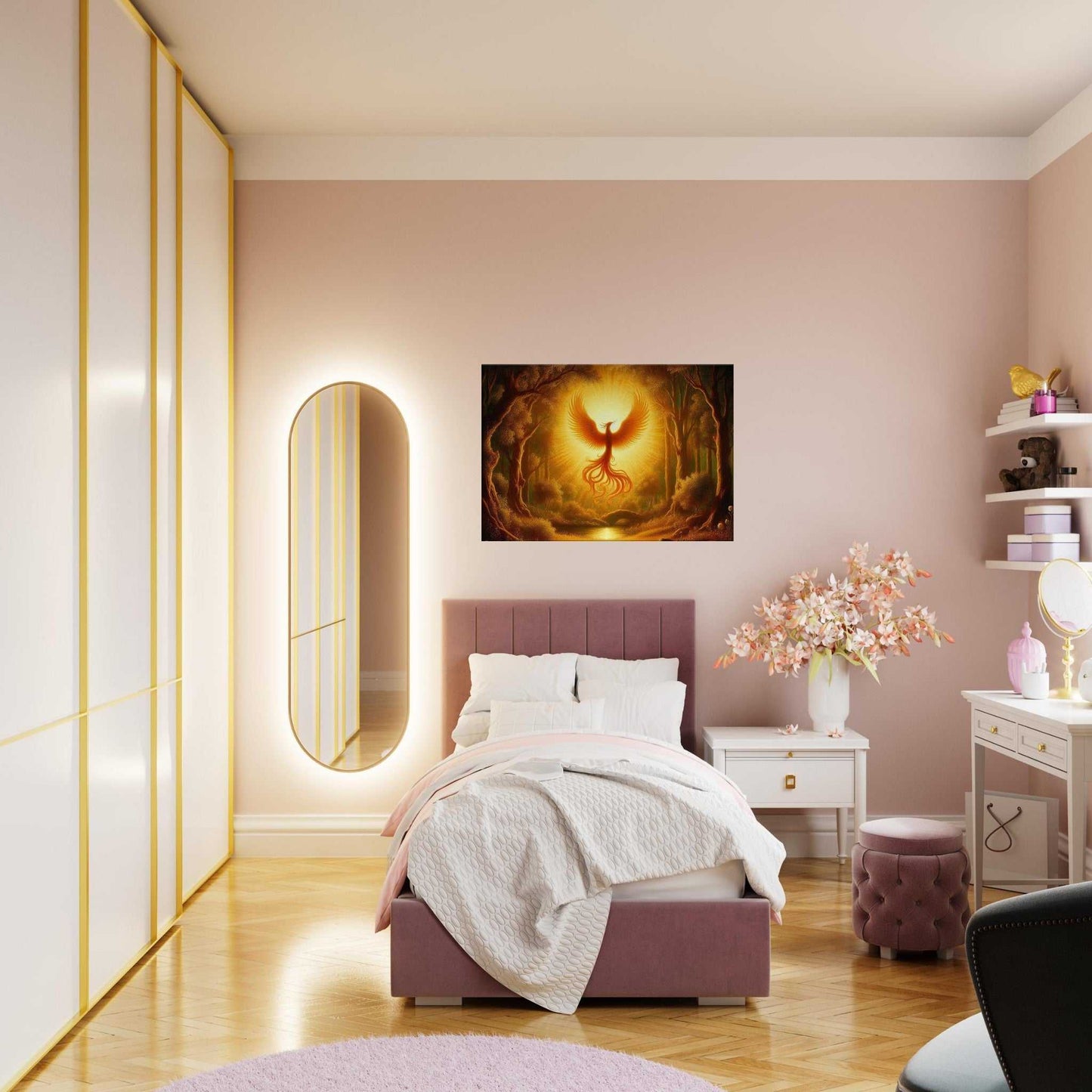 Phoenix Birth Canvas art in stylish bedroom setting with pink accents.