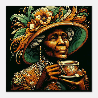 Woman in decorative hat enjoying tea on 'Tea time Canvas'.