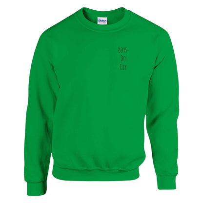 Boys Do Cry printed classic crewneck sweatshirt in green, made from soft cotton-poly blend, featuring double-needle stitching and ribbed spandex cuffs.