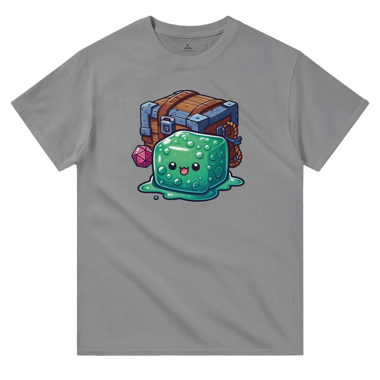 Gelatinous Cube and Mimic design on men's crewneck t-shirt, heavyweight cotton, classic fit.