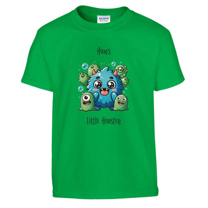 Green kids crewneck T-shirt with monster design, 100% cotton.