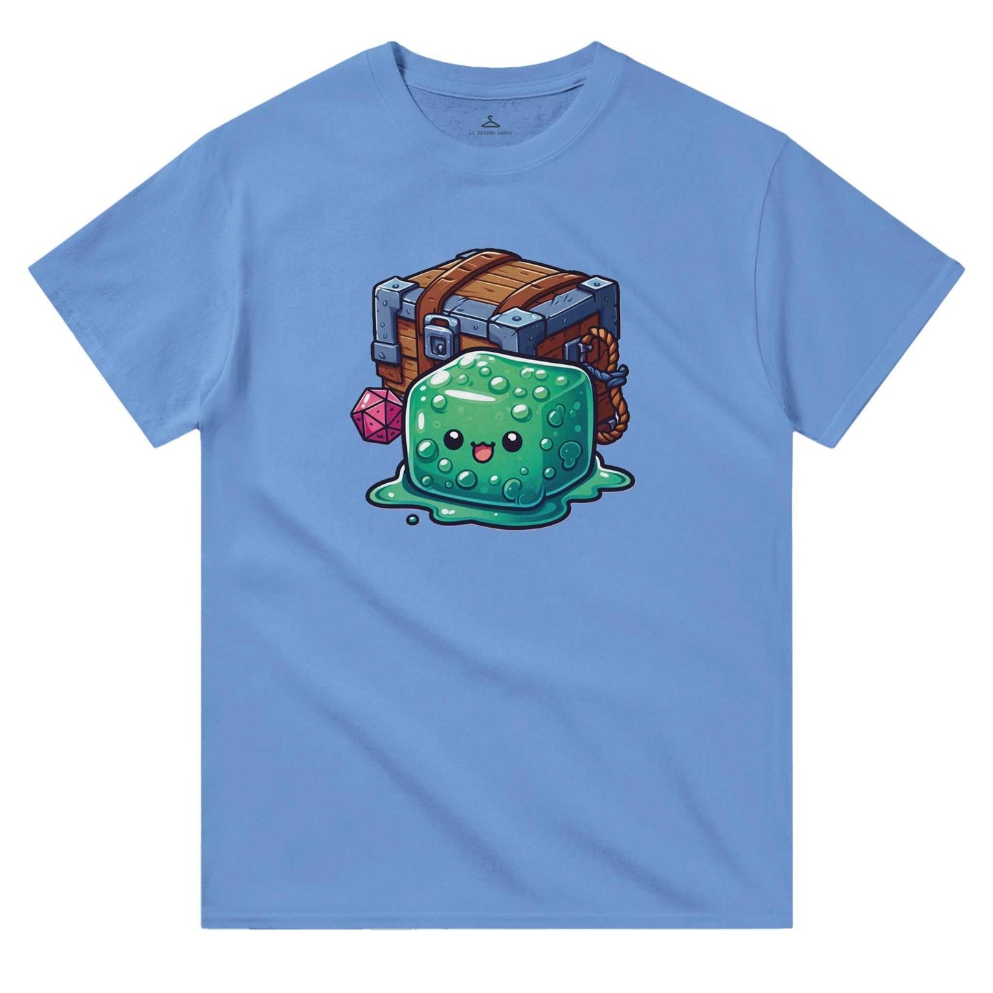 Gelatinous Cube and Mimic design on blue women's crewneck t-shirt.