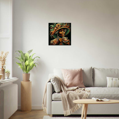 Tea time Canvas print with textured cotton-polyester blend, displayed in cozy living room setting.