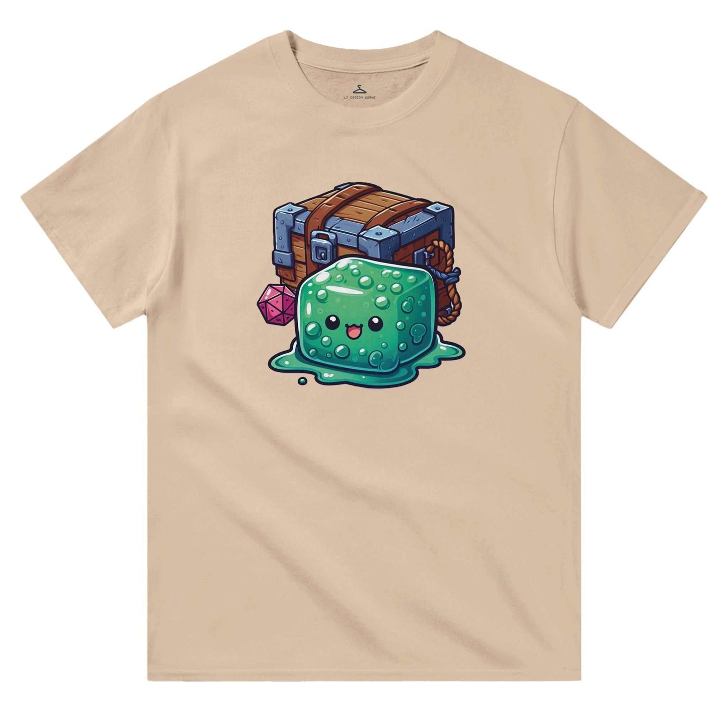 Gelatinous Cube and Mimic design on women's cotton crewneck t-shirt for casual wear.