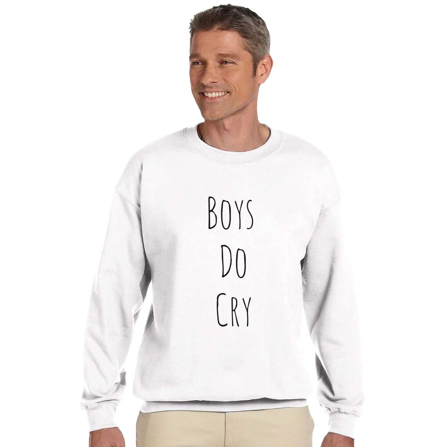 Boys do Cry printed classic crewneck sweatshirt in white, soft cotton-polyester blend, sizes S-5XL.