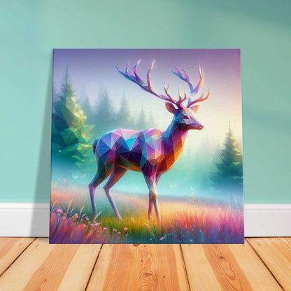 Stag Canvas print with enhanced texture and natural color, featuring a polygonal design of a stag in a forest setting.