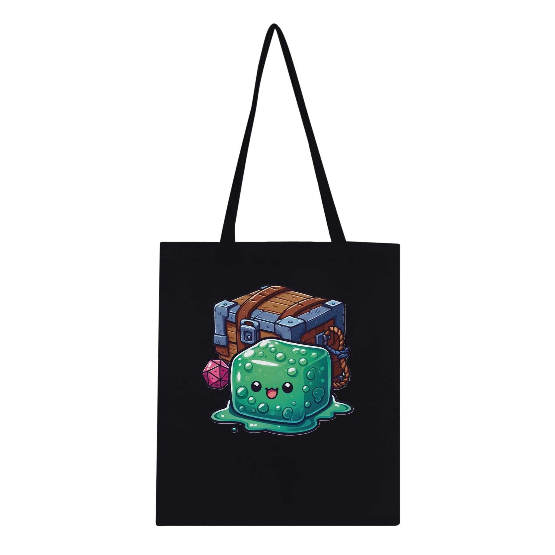 Gelatinous Cube and Mimic themed eco-friendly cotton tote bag with reinforced handles.