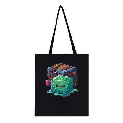 Gelatinous Cube and Mimic themed eco-friendly cotton tote bag with reinforced handles.