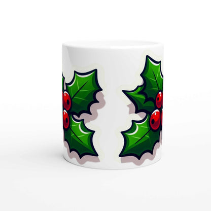 Holly 11oz ceramic mug with glossy white finish and holly design.