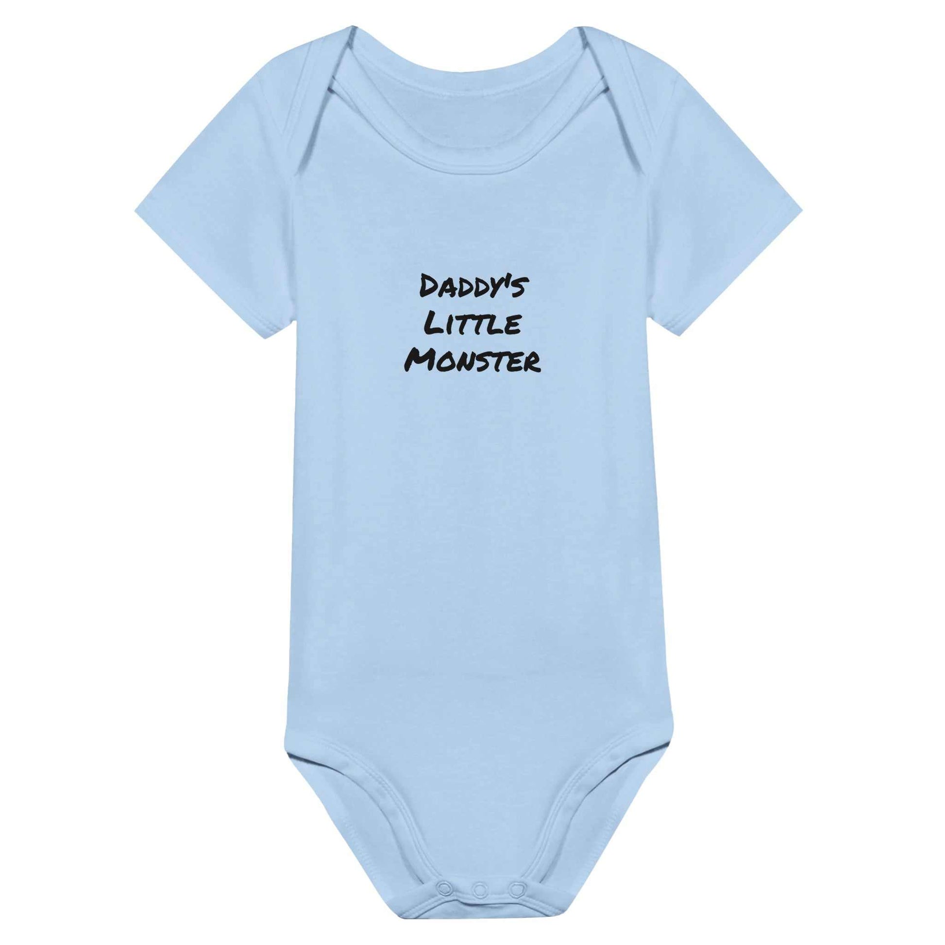 Blue baby bodysuit with "Daddy's Little Monster" text, short sleeves.