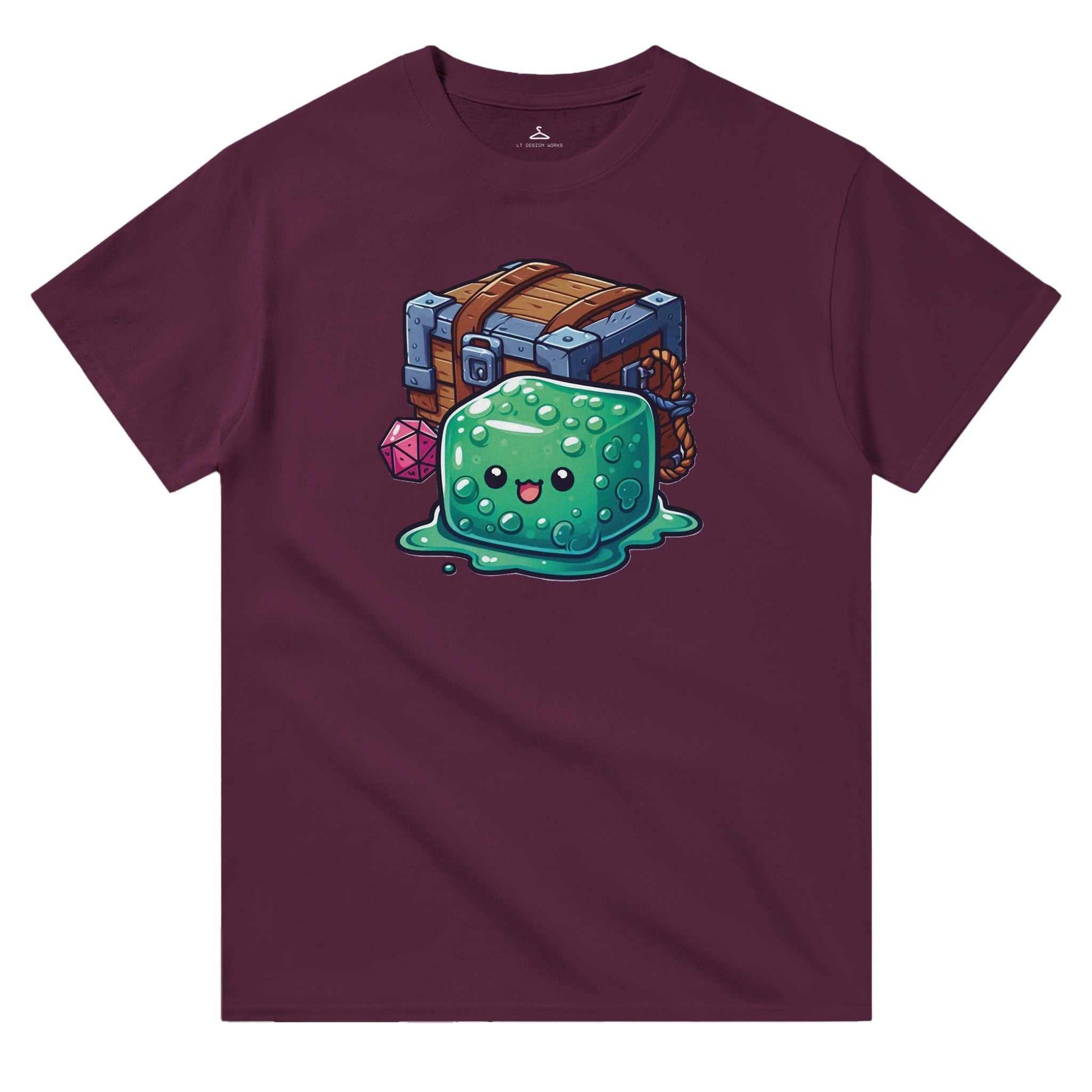 Gelatinous Cube and Mimic crewneck t-shirt featuring quirky fantasy design in durable heavyweight cotton.