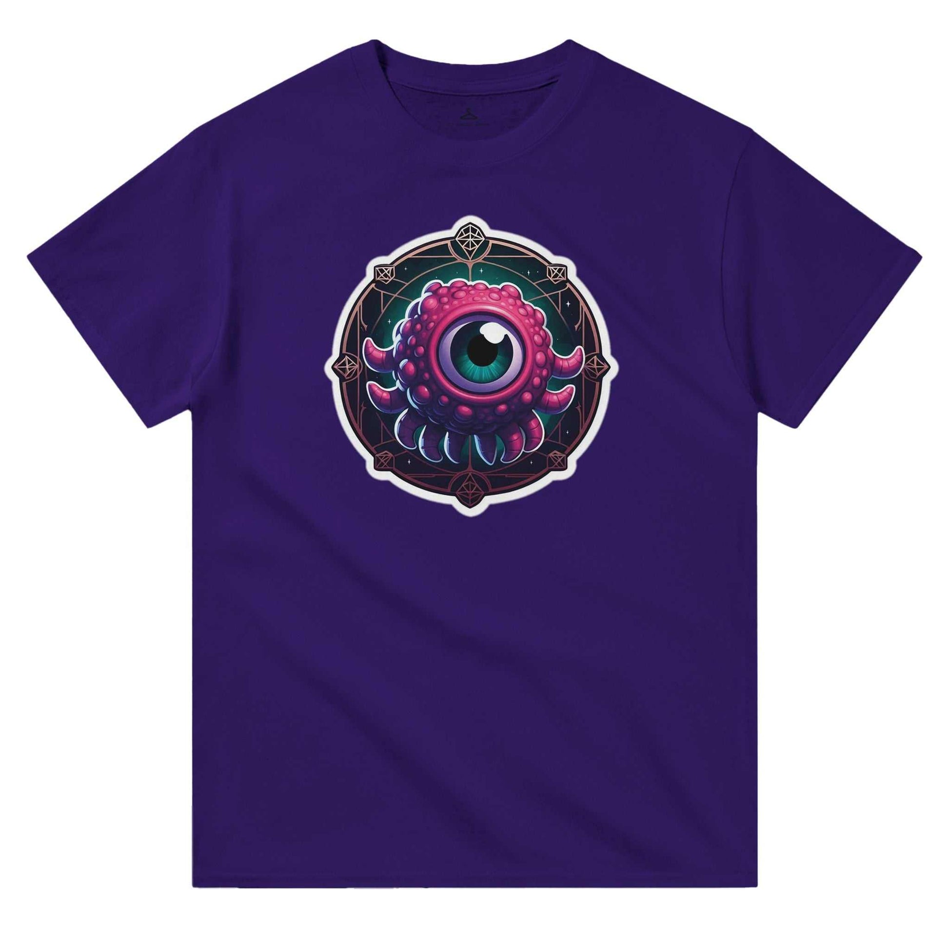 Beholder Men's Crewneck Tshirt, heavyweight cotton, purple color, graphic design on front.