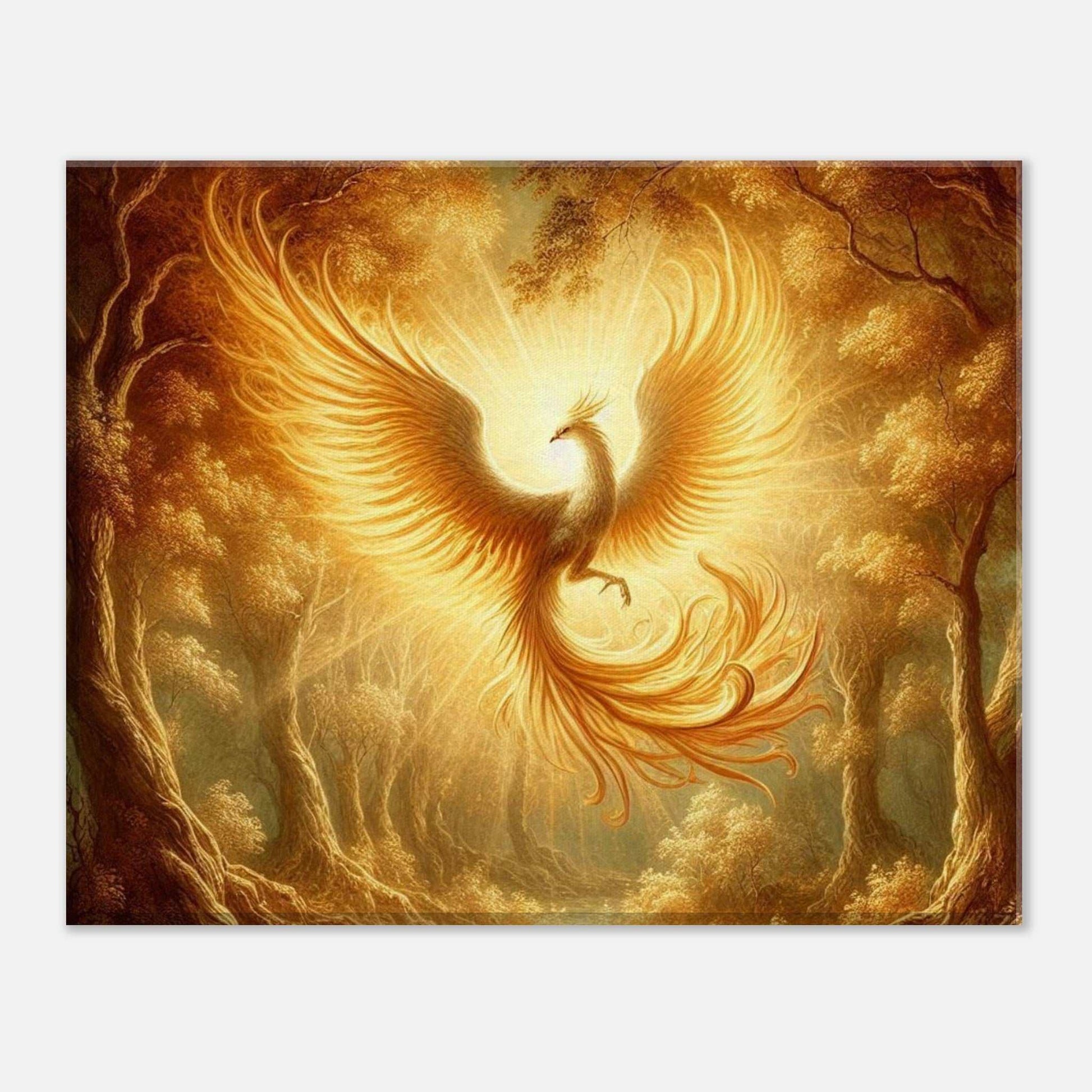 Phoenix Flight Canvas featuring a vibrant phoenix in ascent, set against a radiant forest backdrop.