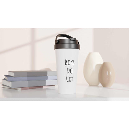 Boys Do Cry white 15oz stainless steel travel mug with leak-proof lid.