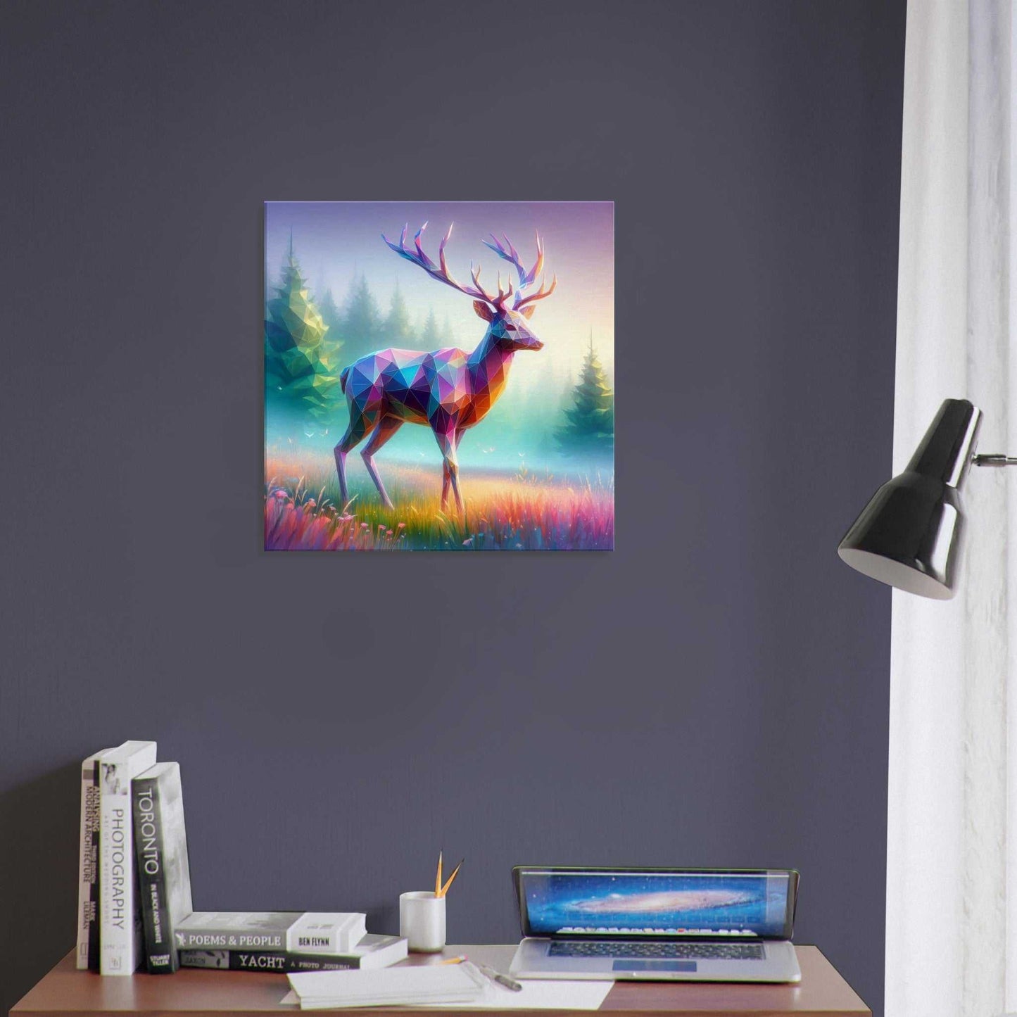 Stag Canvas print with enhanced texture, featuring a geometric stag in a colorful forest scene, hung on a wall above a desk.