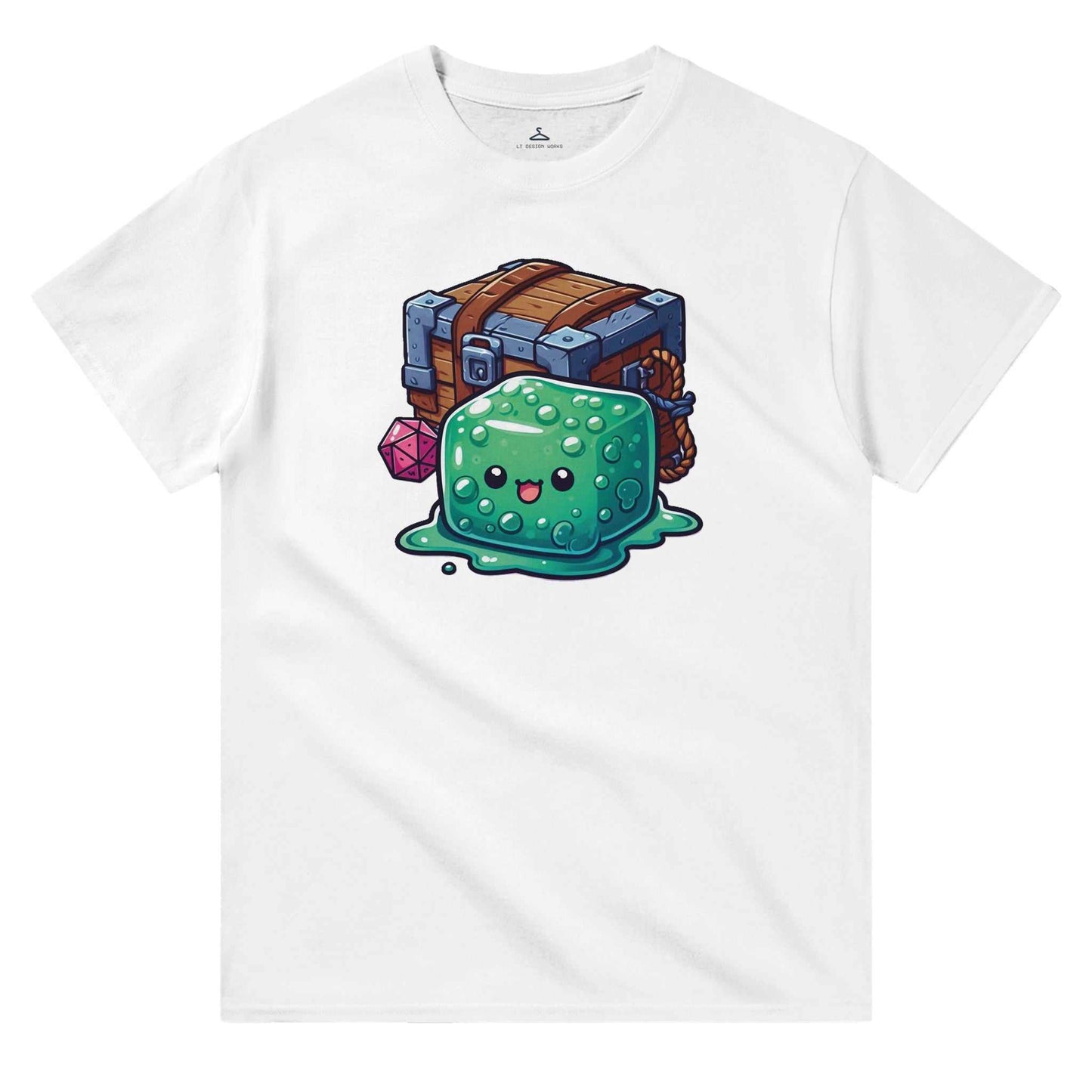 Gelatinous Cube and Mimic men's crewneck t-shirt with green cube design.