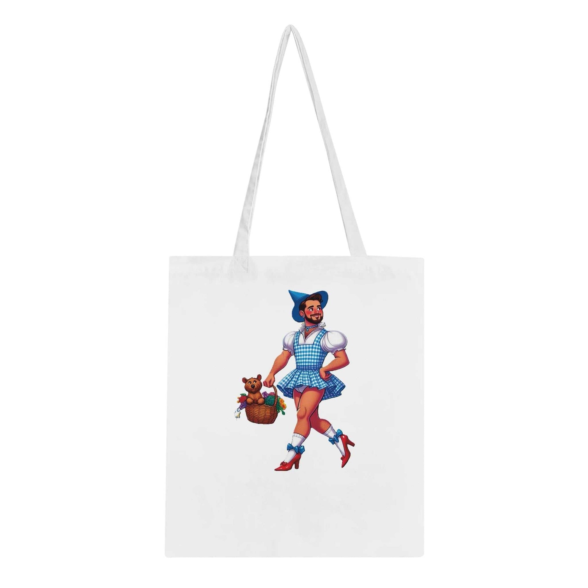 Eco-friendly cotton Dorothy tote bag with reinforced handles, featuring a playful design.